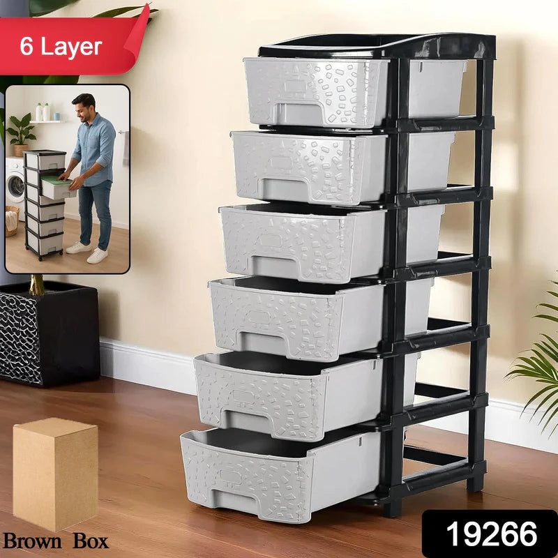 6-Layer Heavy-Duty Plastic Drawer Organizer Cabinet with Stone Texture Drawers